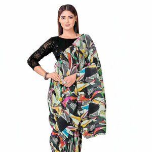 Elegant Women's Embroidered Fancy Net Satin Silk Saree - Black